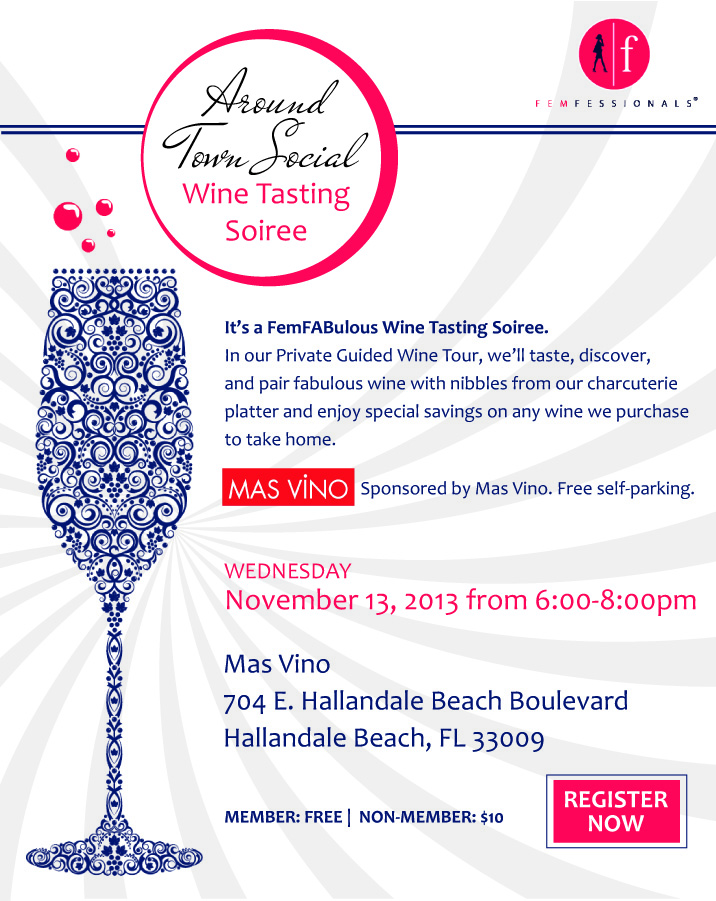 Invitation to FemCity Ft. Lauderdale Wine Tasting Soiree, sponsored by Mas Vino